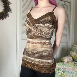 Y2K 2000s Vintage Brown Patterned Creme Lace Cami Top